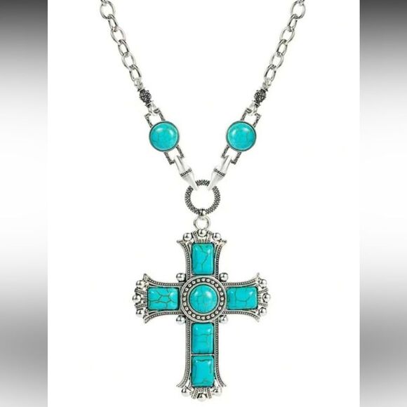 Turquoise Silver Cross Necklace A1264 - Picture 1 of 3